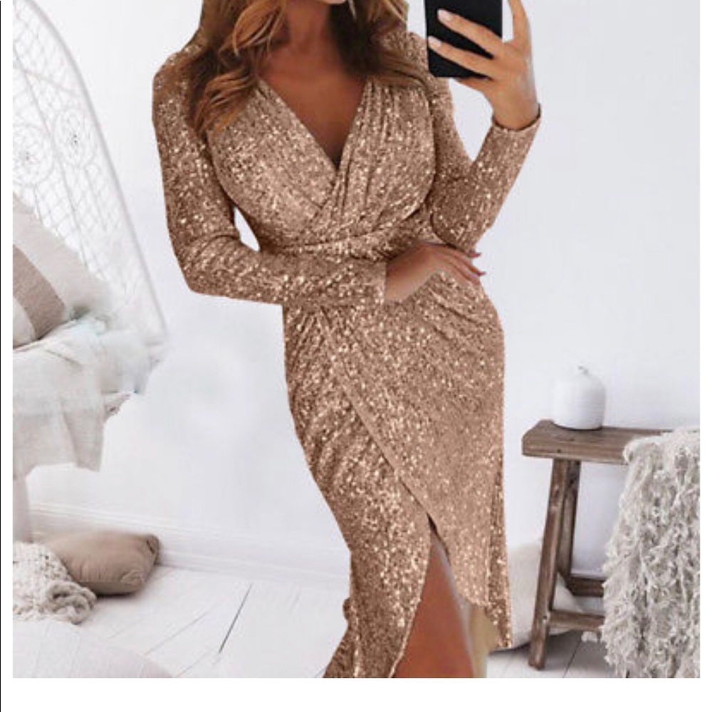 Long sleeve gold sequence dress